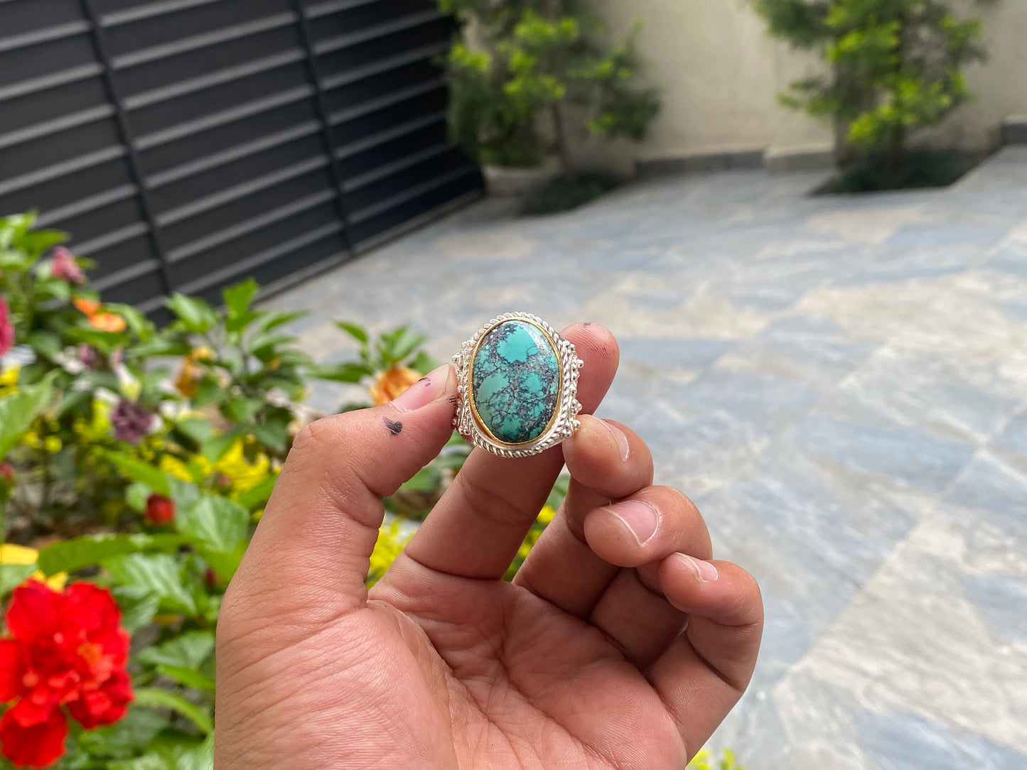 Adjustable Handmade ring adorned with Natural Turquoise, Hammered Ring, Gift Ideas, Women Ring.