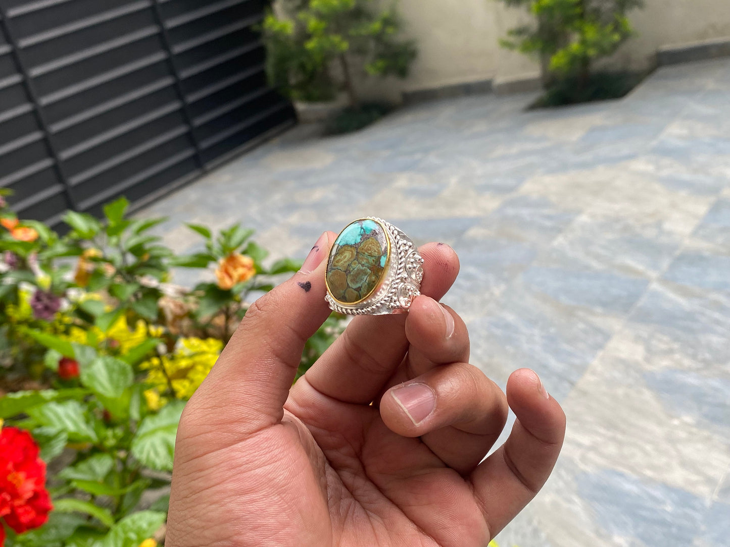 Adjustable Handmade ring adorned with Natural Turquoise, Hammered Ring, Gift Ideas, Women Ring.