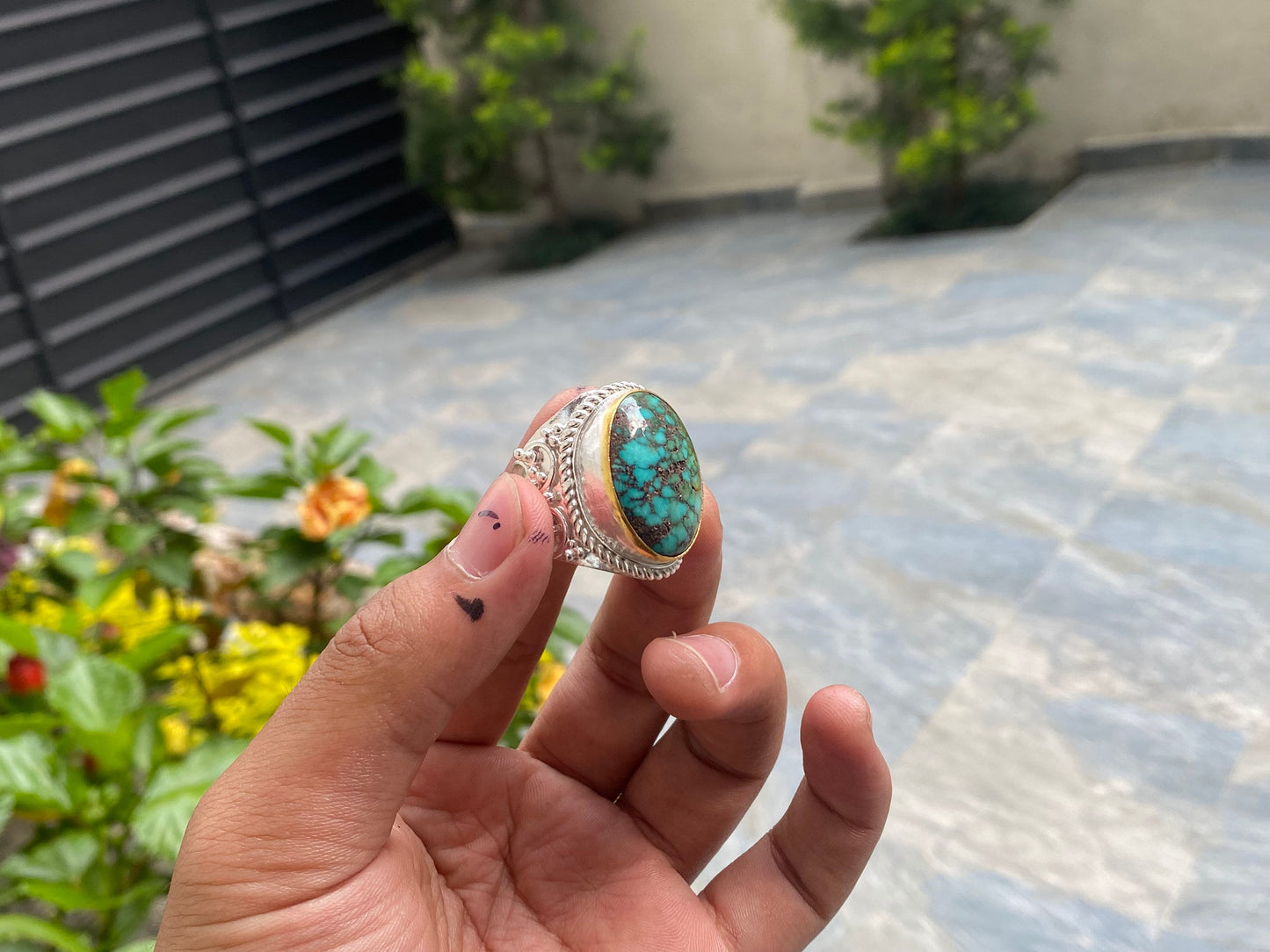 Adjustable Handmade ring adorned with Natural Turquoise, Hammered Ring, Gift Ideas, Women Ring.