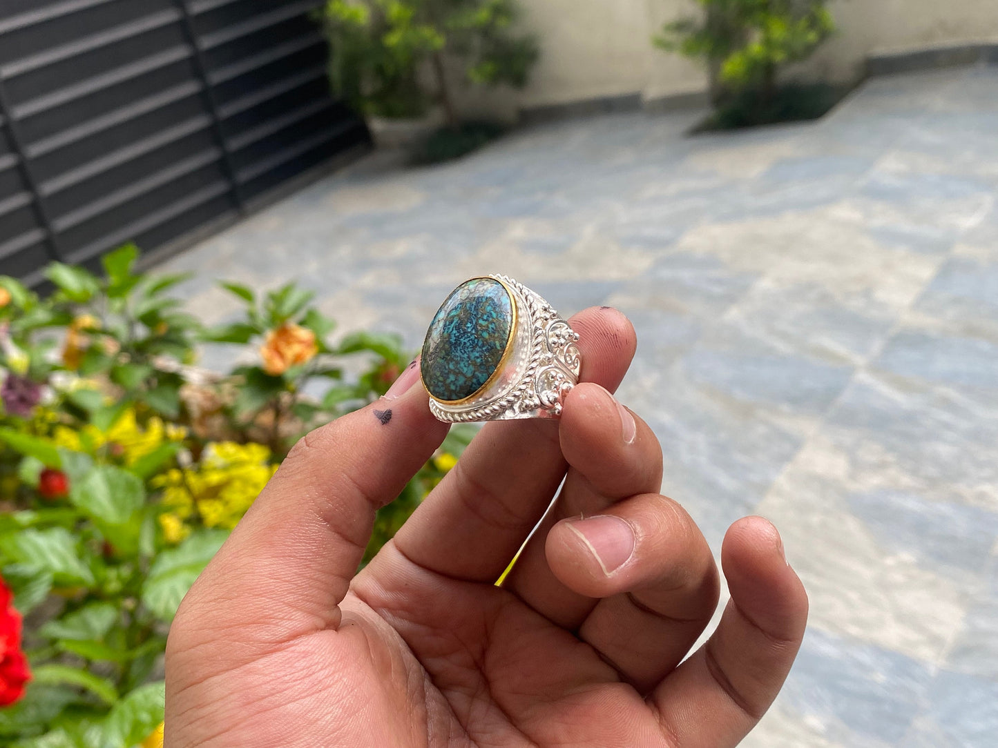 Adjustable Handmade ring adorned with Natural Turquoise, Hammered Ring, Gift Ideas, Women Ring.