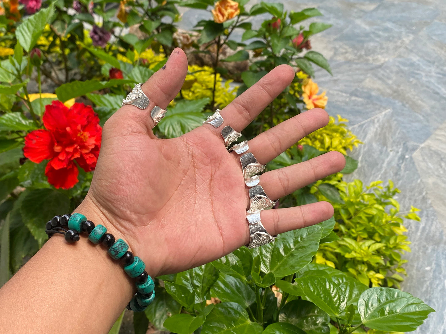 Adjustable Handmade ring adorned with Natural Turquoise, Hammered Ring, Gift Ideas, Women Ring.