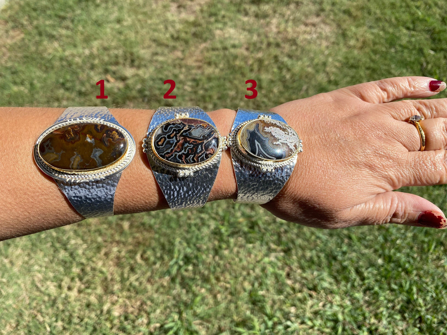 Adjustable Lace Agate Natural Stone Wide Band Cuff, Brushed Gold with Silver Overlay, Hammered Bracelet, Wide Cuff, Handcrafted Jewelry