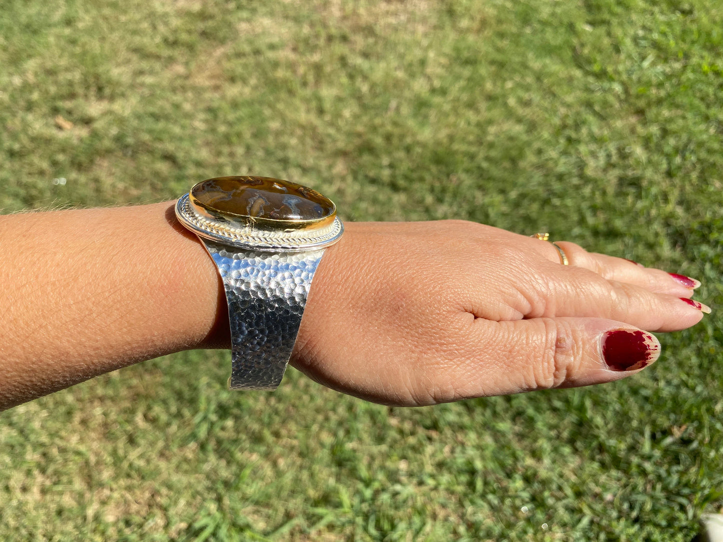 Adjustable Lace Agate Natural Stone Wide Band Cuff, Brushed Gold with Silver Overlay, Hammered Bracelet, Wide Cuff, Handcrafted Jewelry