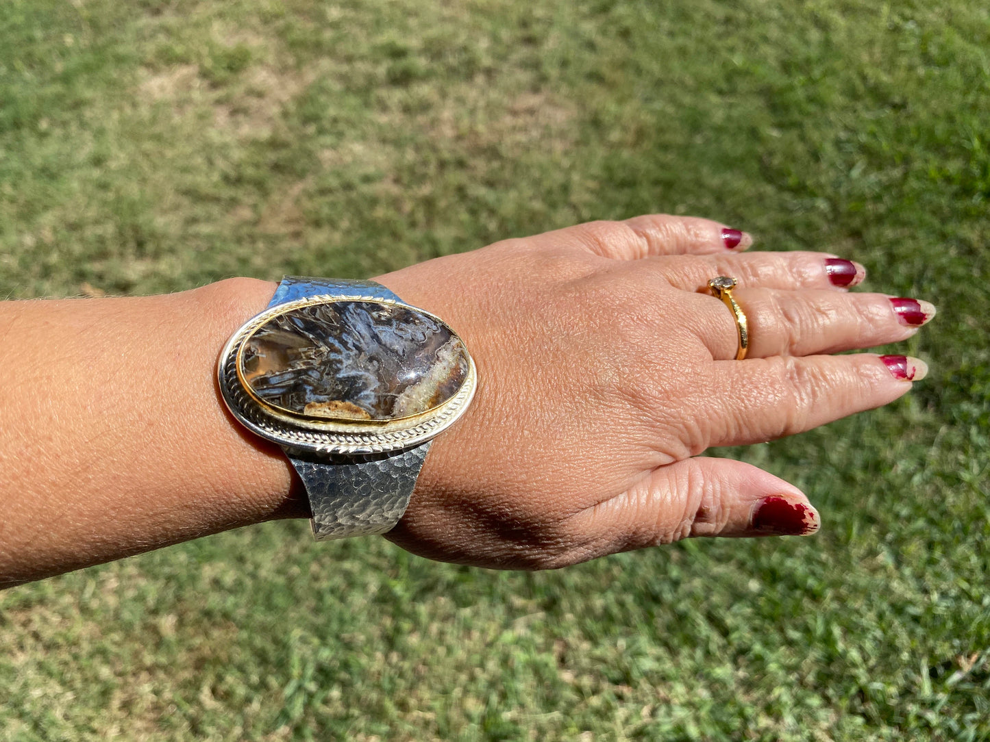 Adjustable Lace Agate Natural Stone Wide Band Cuff, Brushed Gold with Silver Overlay, Hammered Bracelet, Wide Cuff, Handcrafted Jewelry