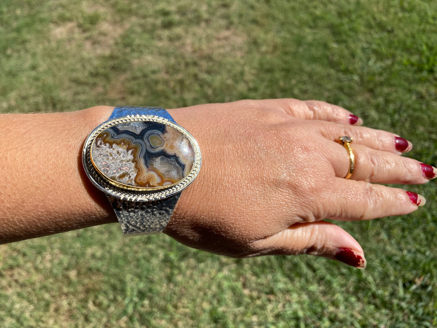 Adjustable Lace Agate Natural Stone Wide Band Cuff, Brushed Gold with Silver Overlay, Hammered Bracelet, Wide Cuff, Handcrafted Jewelry