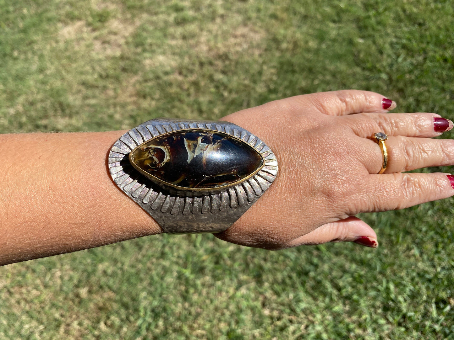 Adjustable Large Amber Antique Silver Looks Wide Band Cuff, Hammered Cuff, Oxidize Silver Overlay Jewelry, Exquisite Cuff, Statement Jewelry