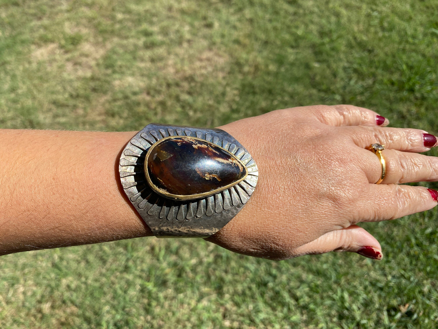 Adjustable Large Amber Antique Silver Looks Wide Band Cuff, Hammered Cuff, Oxidize Silver Overlay Jewelry, Exquisite Cuff, Statement Jewelry