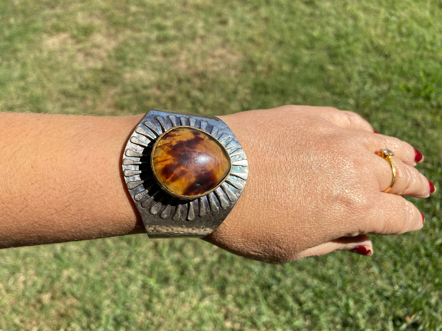 Adjustable Large Amber Antique Silver Looks Wide Band Cuff, Hammered Cuff, Oxidize Silver Overlay Jewelry, Exquisite Cuff, Statement Jewelry