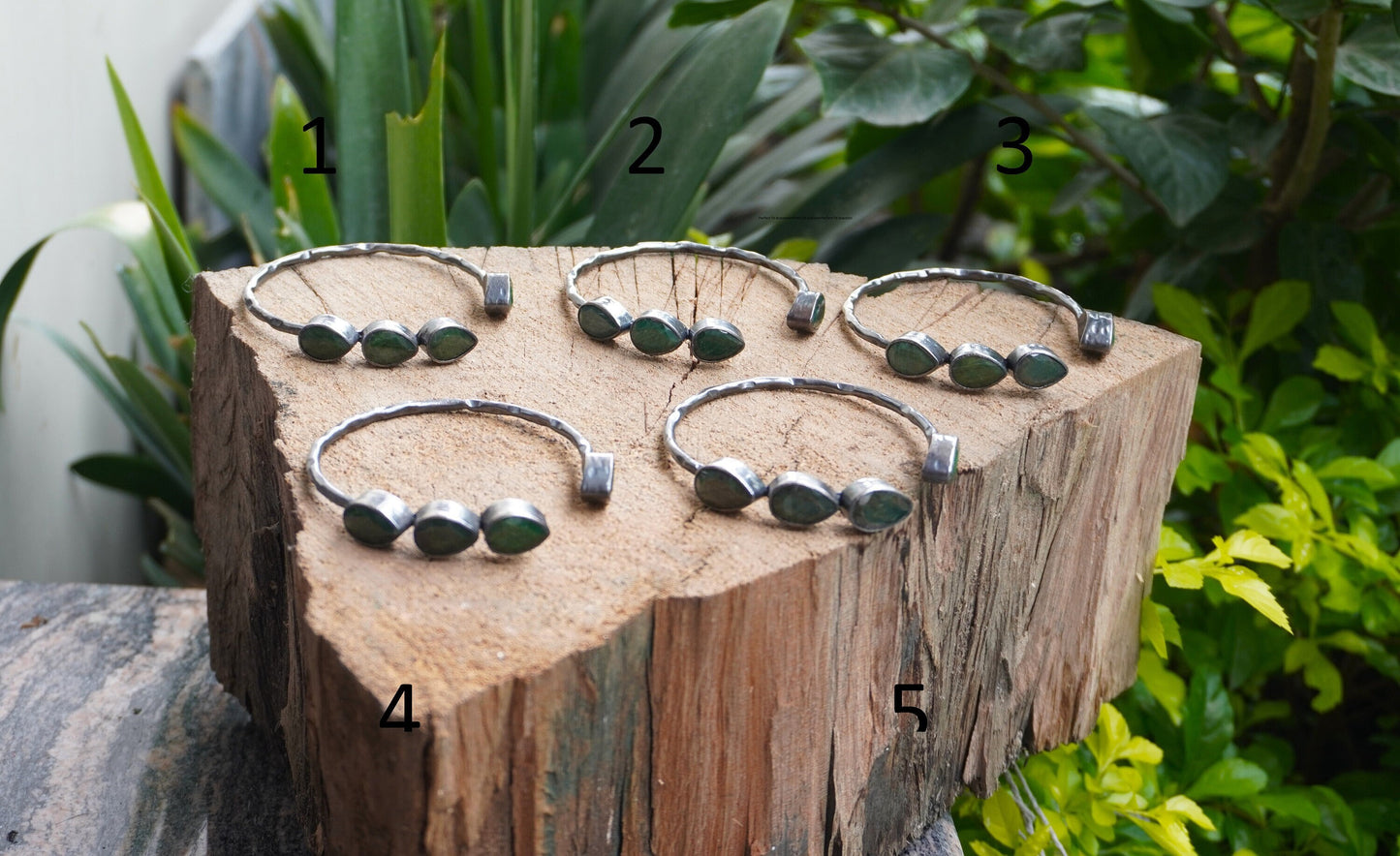 Adjustable Silver Cuff Bracelet | Natural Emerald Gemstone Bangle, Hammered Oxidized Silver Overlay, Unique Handmade Jewelry, Perfect fit
