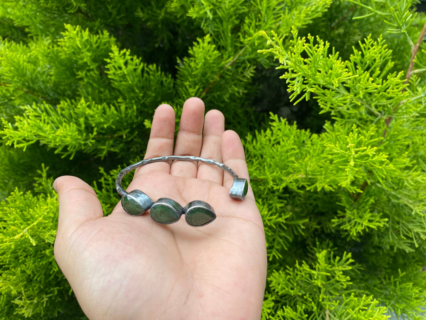 Adjustable Silver Cuff Bracelet | Natural Emerald Gemstone Bangle, Hammered Oxidized Silver Overlay, Unique Handmade Jewelry, Perfect fit