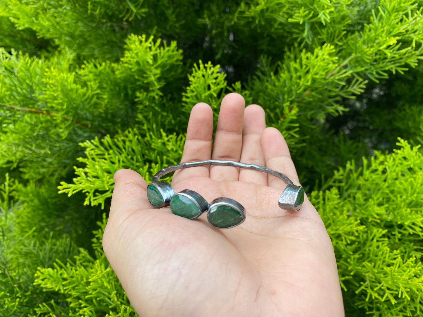 Adjustable Silver Cuff Bracelet | Natural Emerald Gemstone Bangle, Hammered Oxidized Silver Overlay, Unique Handmade Jewelry, Perfect fit