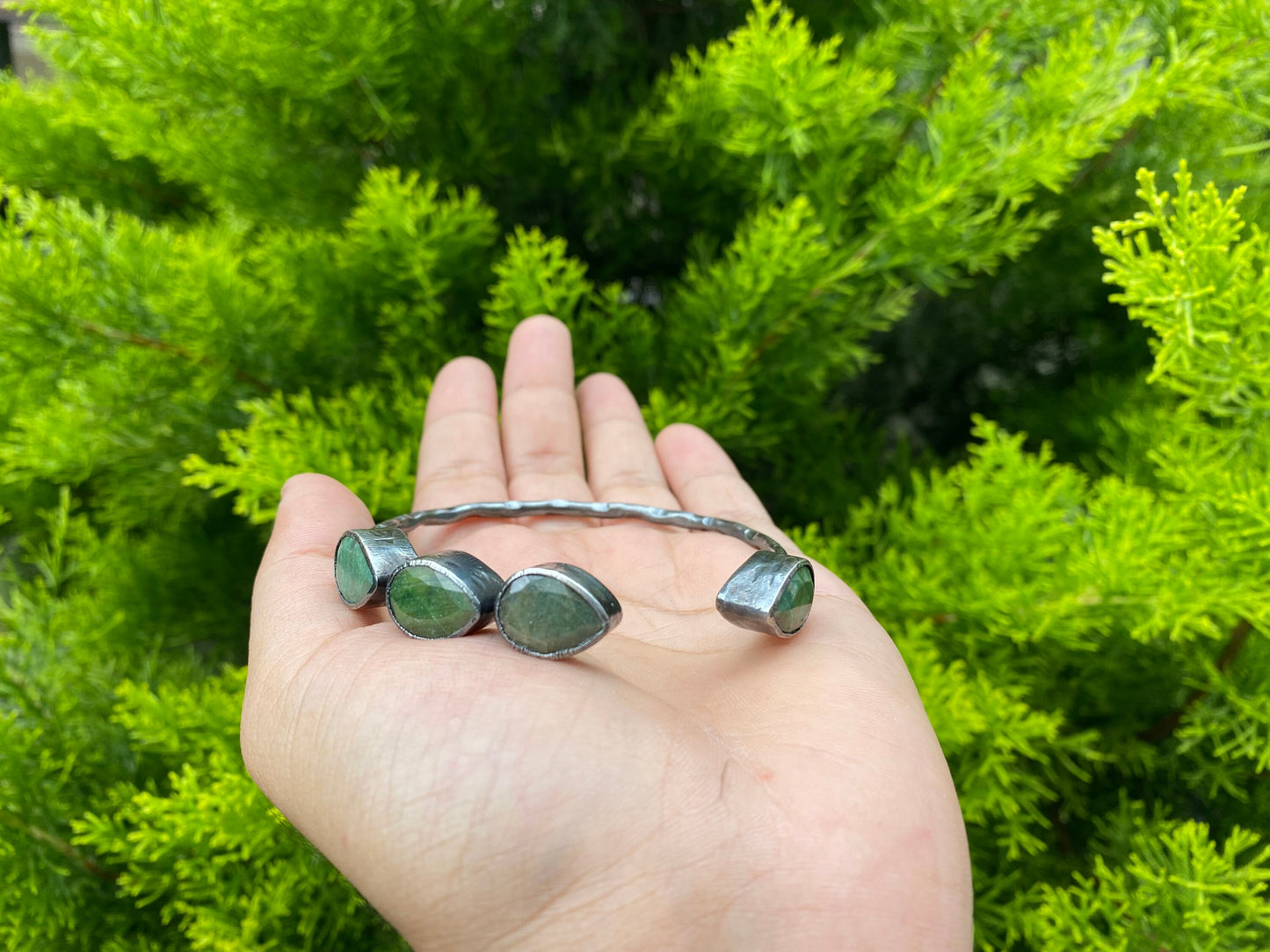Adjustable Silver Cuff Bracelet | Natural Emerald Gemstone Bangle, Hammered Oxidized Silver Overlay, Unique Handmade Jewelry, Perfect fit