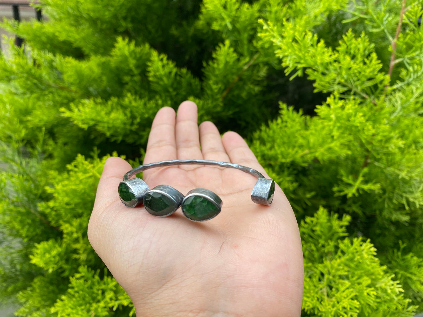 Adjustable Silver Cuff Bracelet | Natural Emerald Gemstone Bangle, Hammered Oxidized Silver Overlay, Unique Handmade Jewelry, Perfect fit