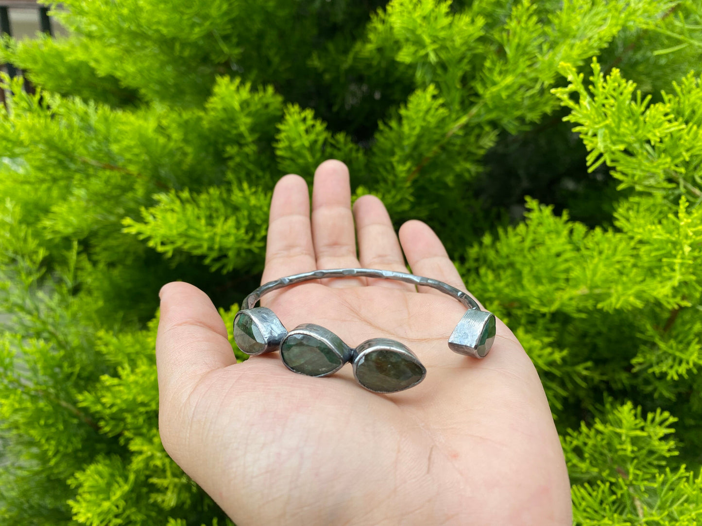 Adjustable Silver Cuff Bracelet | Natural Emerald Gemstone Bangle, Hammered Oxidized Silver Overlay, Unique Handmade Jewelry, Perfect fit