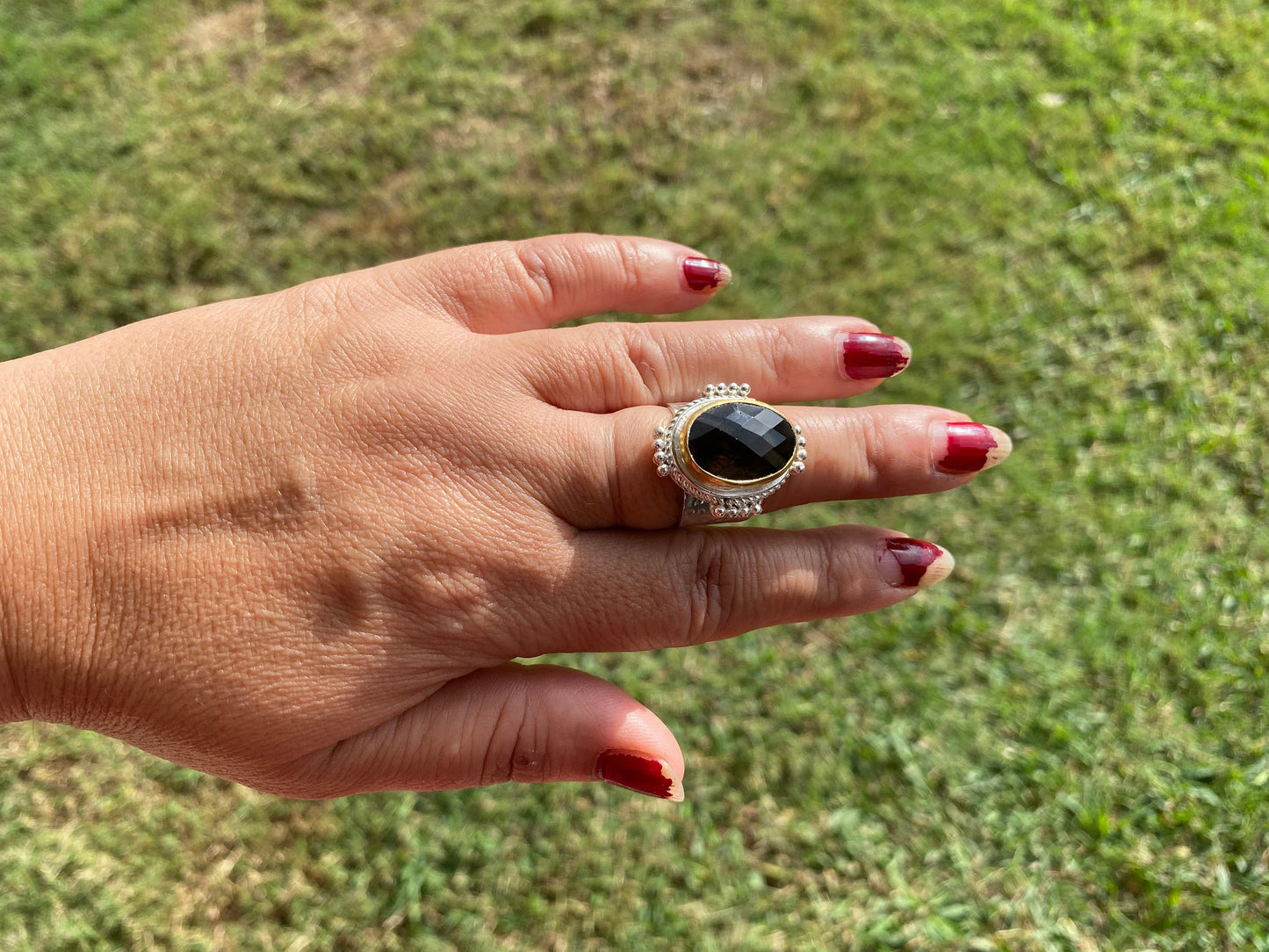 Adjustable Smoky Topaz Gemstone Two Tone Ring, Gold and Silver Overlay, Handmade Ring, Women Jewelry, Bohemian Jewelry, Energy Stone Ring