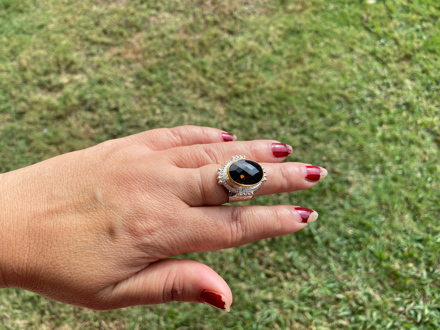 Adjustable Smoky Topaz Gemstone Two Tone Ring, Gold and Silver Overlay, Handmade Ring, Women Jewelry, Bohemian Jewelry, Energy Stone Ring