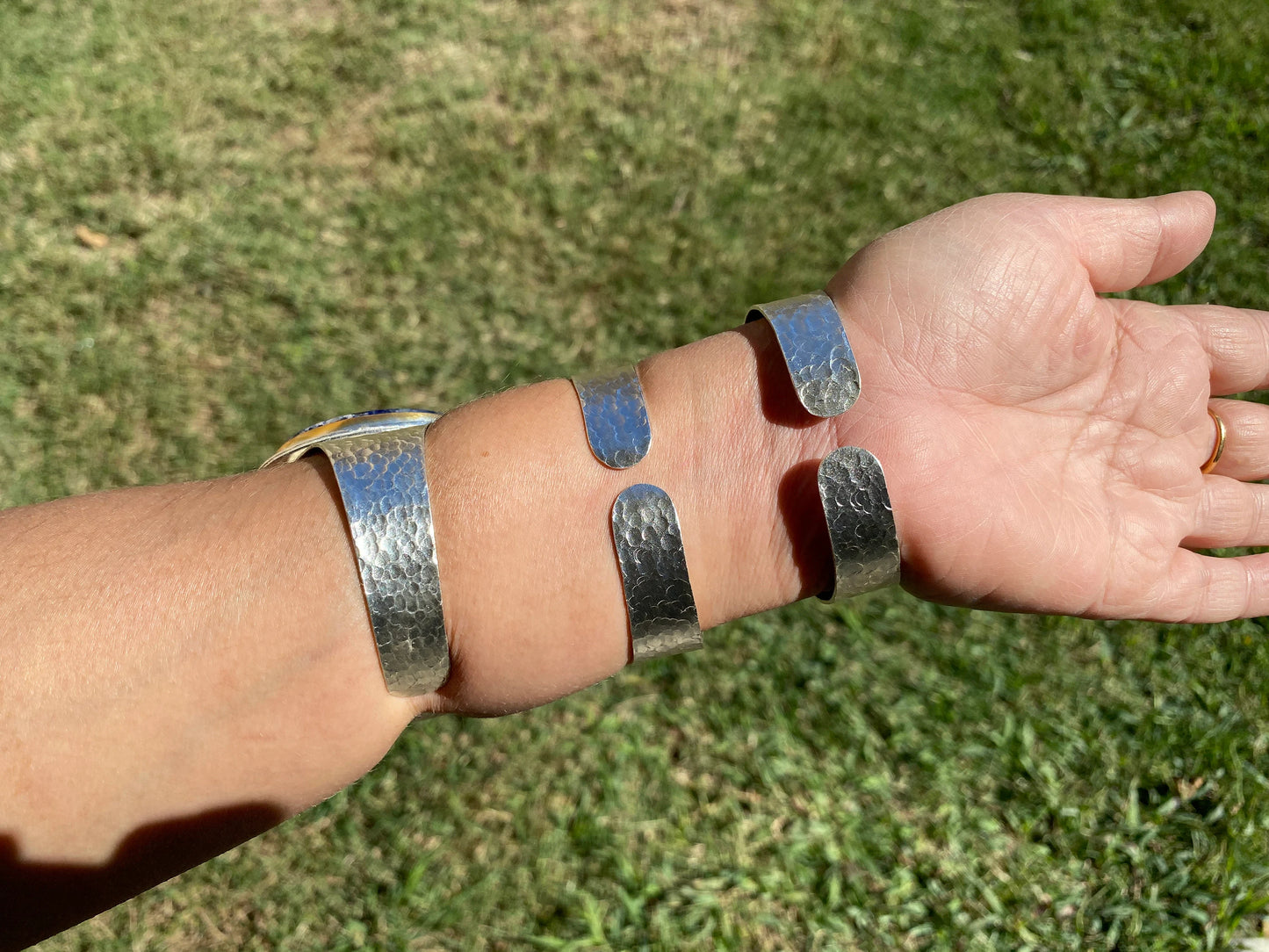 Adjustable Sodalite Natural Stone Wide Band Cuff, Brushed Gold with Silver Overlay, Hammered Bracelet, Wide Cuff, Handcrafted Jewelry