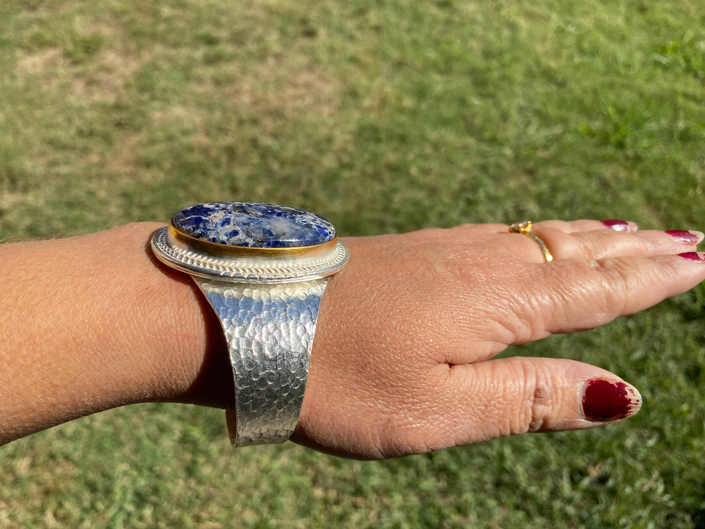 Adjustable Sodalite Natural Stone Wide Band Cuff, Brushed Gold with Silver Overlay, Hammered Bracelet, Wide Cuff, Handcrafted Jewelry