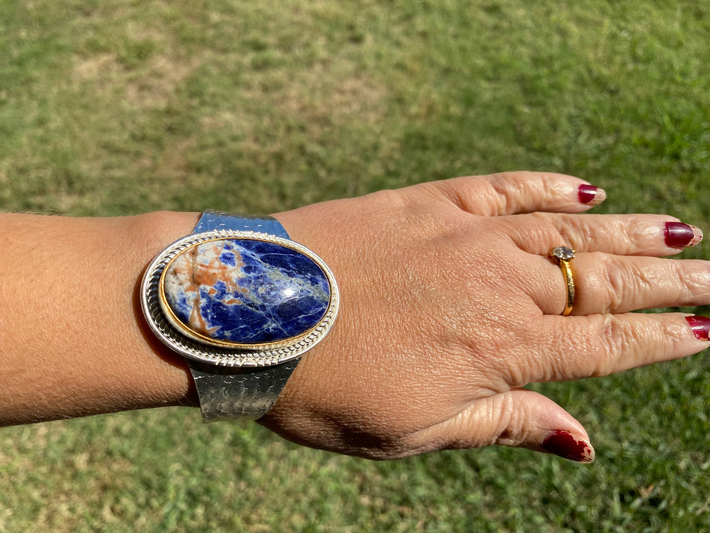 Adjustable Sodalite Natural Stone Wide Band Cuff, Brushed Gold with Silver Overlay, Hammered Bracelet, Wide Cuff, Handcrafted Jewelry