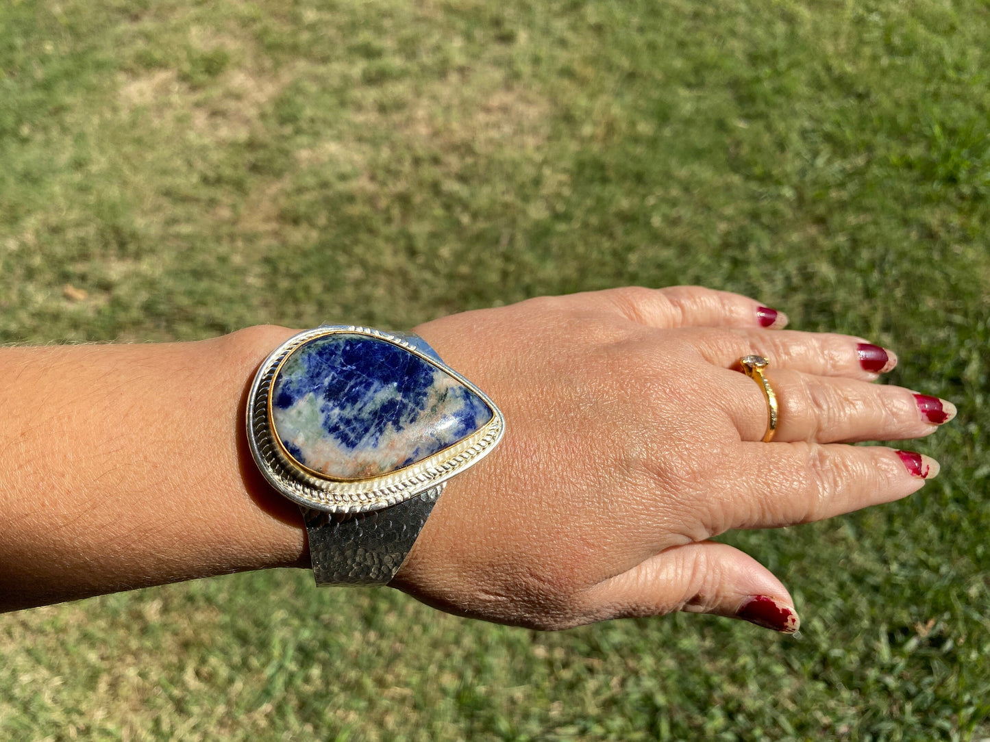 Adjustable Sodalite Natural Stone Wide Band Cuff, Brushed Gold with Silver Overlay, Hammered Bracelet, Wide Cuff, Handcrafted Jewelry