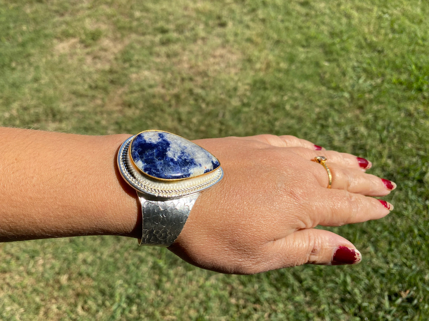 Adjustable Sodalite Natural Stone Wide Band Cuff, Brushed Gold with Silver Overlay, Hammered Bracelet, Wide Cuff, Handcrafted Jewelry