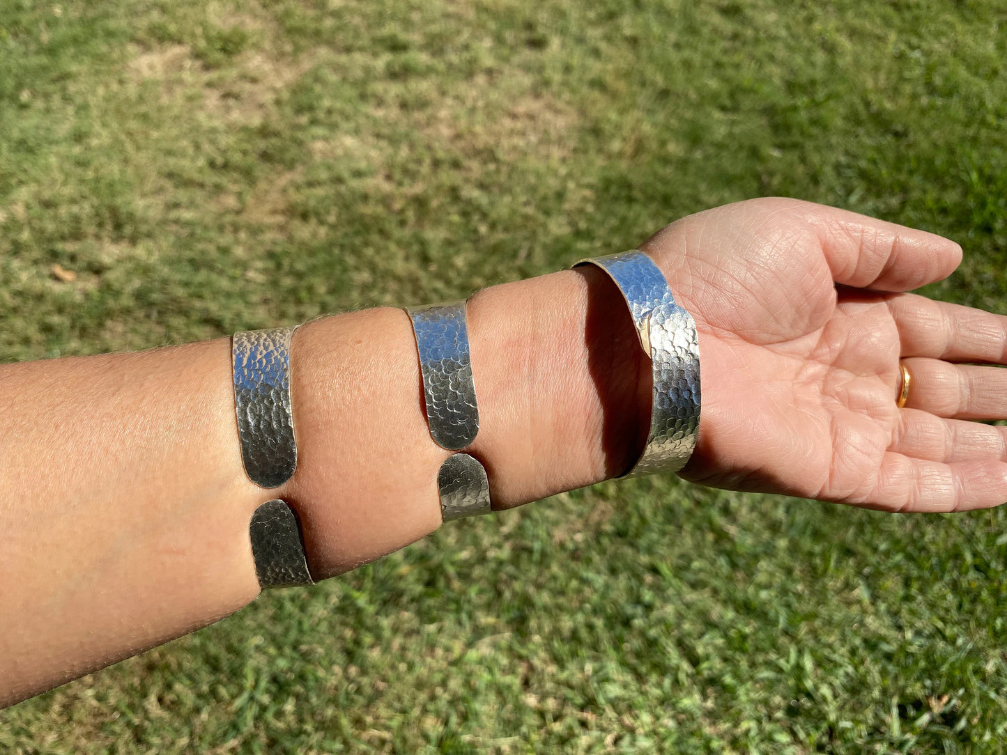 Adjustable Sodalite Natural Stone Wide Band Cuff, Brushed Gold with Silver Overlay, Hammered Bracelet, Wide Cuff, Handcrafted Jewelry