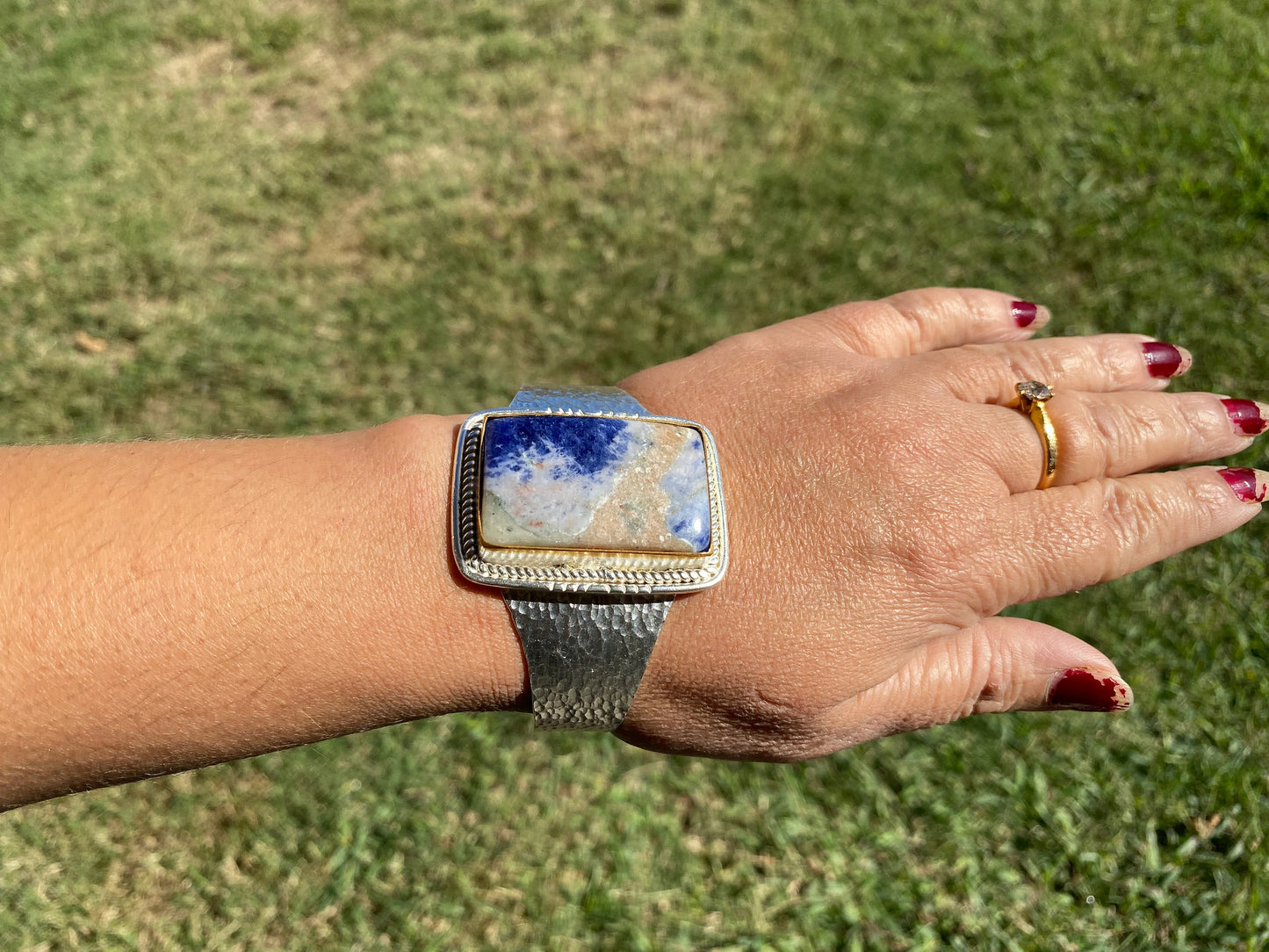 Adjustable Sodalite Natural Stone Wide Band Cuff, Brushed Gold with Silver Overlay, Hammered Bracelet, Wide Cuff, Handcrafted Jewelry