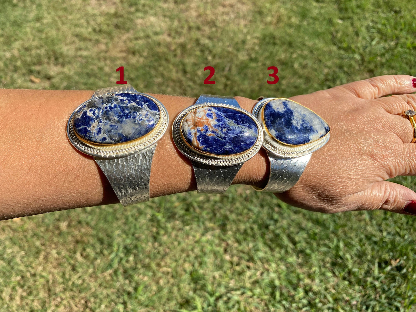 Adjustable Sodalite Natural Stone Wide Band Cuff, Brushed Gold with Silver Overlay, Hammered Bracelet, Wide Cuff, Handcrafted Jewelry