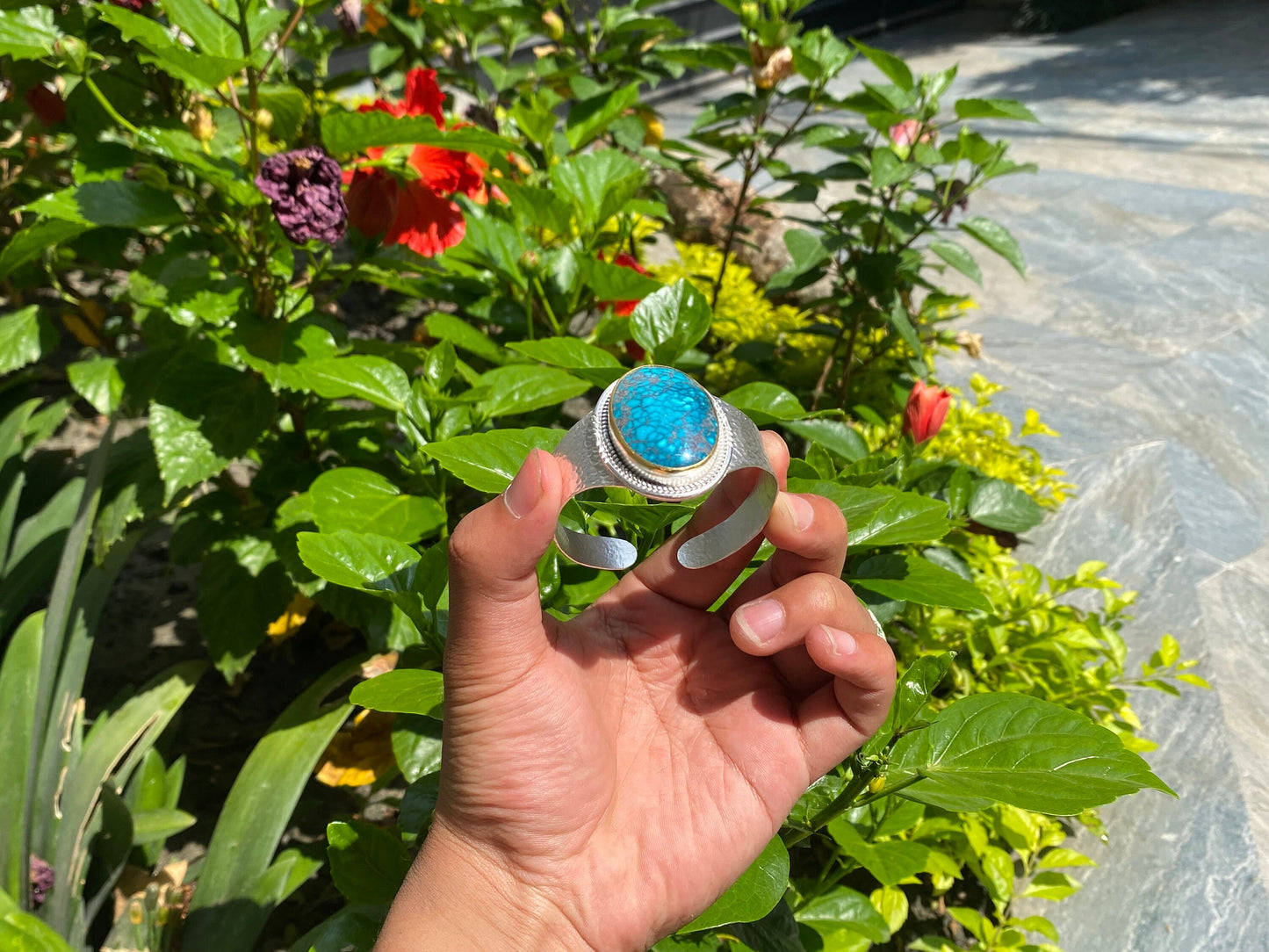 Adjustable Turquoise Natural Stone Wide Band Cuff, Brushed Gold with Silver Overlay, Hammered Bracelet, Wide Cuff, Handcrafted Jewelry.
