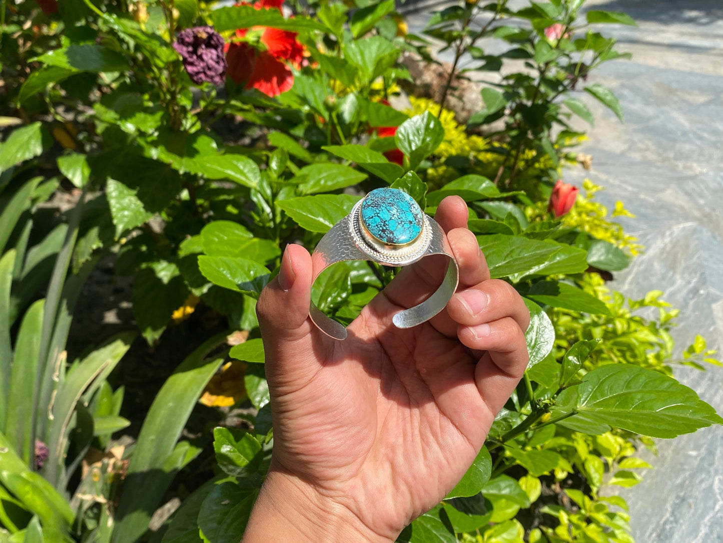 Adjustable Turquoise Natural Stone Wide Band Cuff, Brushed Gold with Silver Overlay, Hammered Bracelet, Wide Cuff, Handcrafted Jewelry.