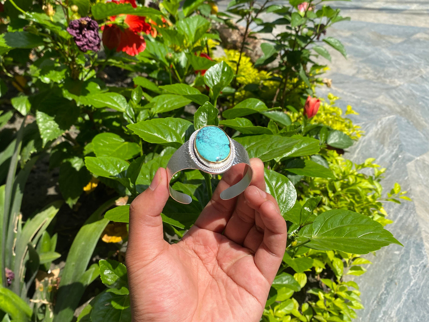 Adjustable Turquoise Natural Stone Wide Band Cuff, Brushed Gold with Silver Overlay, Hammered Bracelet, Wide Cuff, Handcrafted Jewelry.