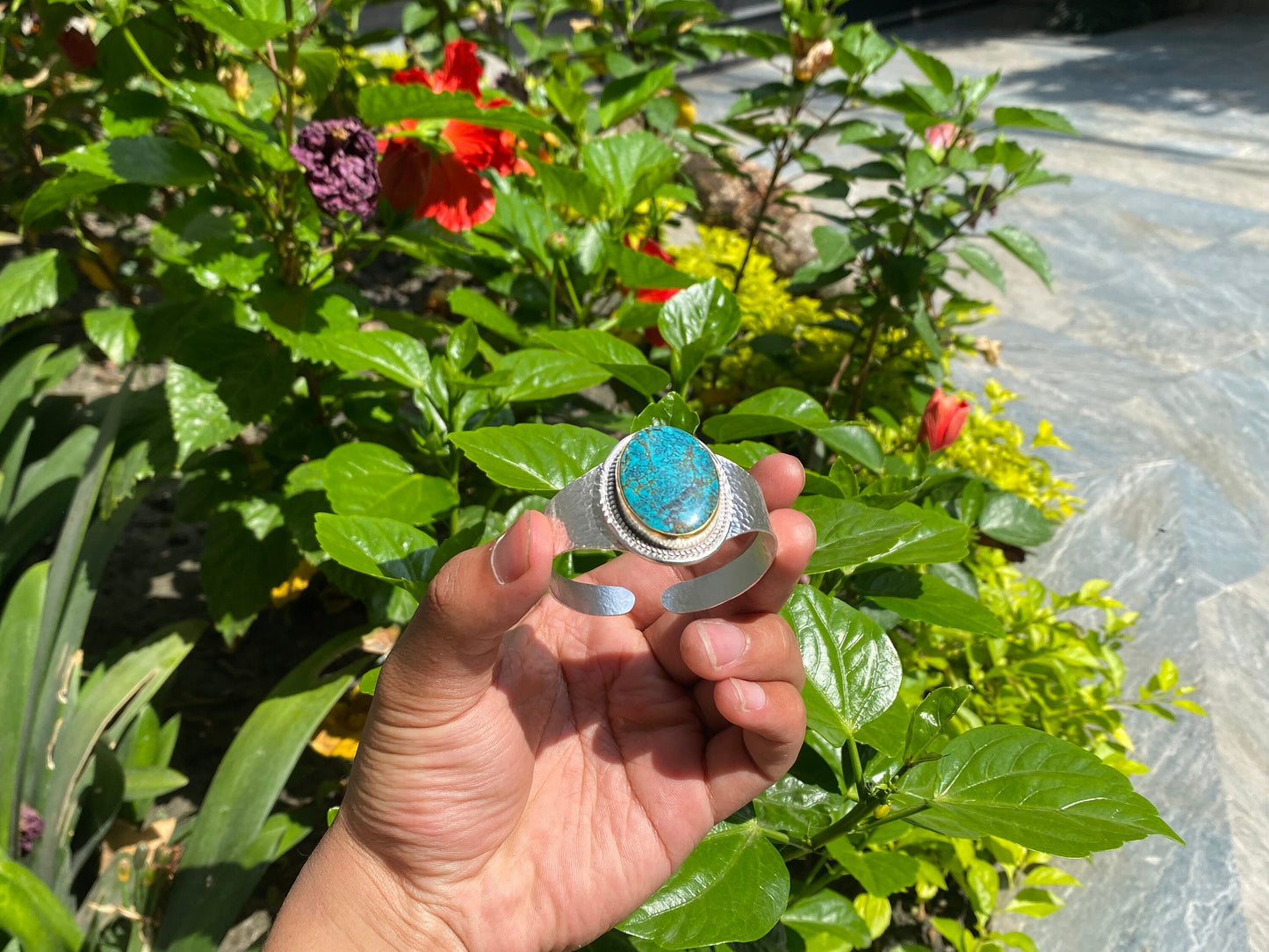 Adjustable Turquoise Natural Stone Wide Band Cuff, Brushed Gold with Silver Overlay, Hammered Bracelet, Wide Cuff, Handcrafted Jewelry.