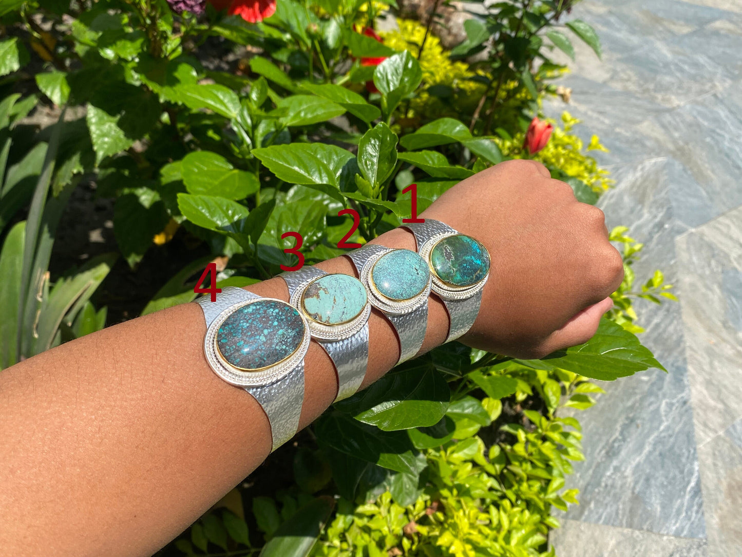 Adjustable Turquoise Natural Stone Wide Band Cuff, Brushed Gold with Silver Overlay, Hammered Bracelet, Wide Cuff, Handcrafted Jewelry.