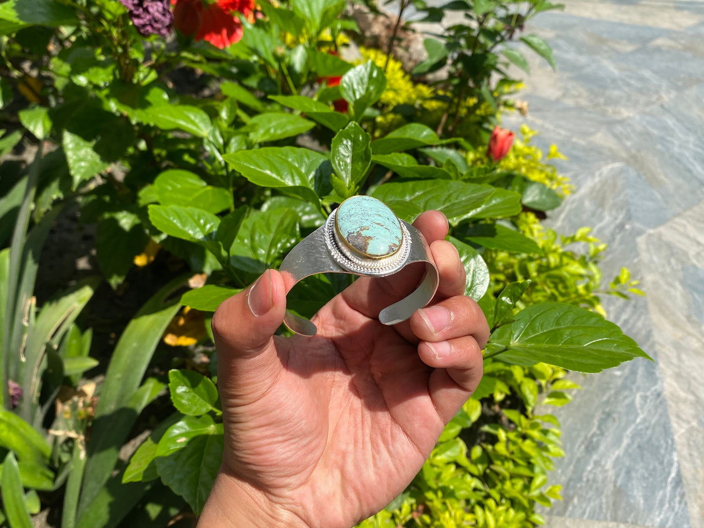 Adjustable Turquoise Natural Stone Wide Band Cuff, Brushed Gold with Silver Overlay, Hammered Bracelet, Wide Cuff, Handcrafted Jewelry.