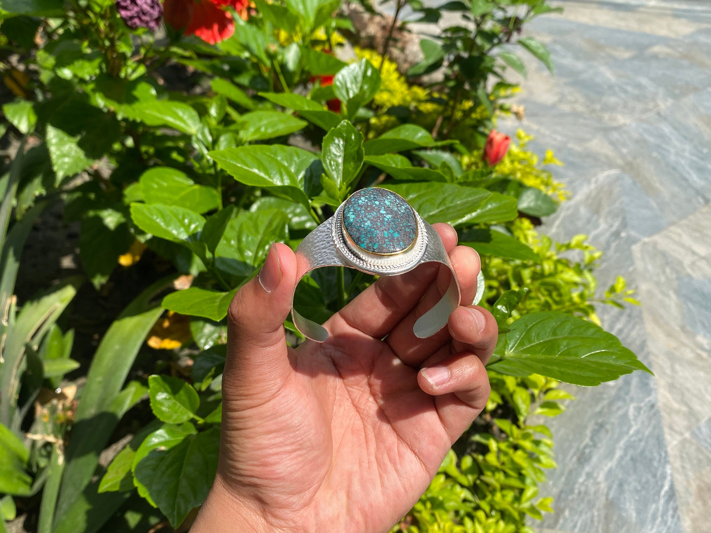 Adjustable Turquoise Natural Stone Wide Band Cuff, Brushed Gold with Silver Overlay, Hammered Bracelet, Wide Cuff, Handcrafted Jewelry.