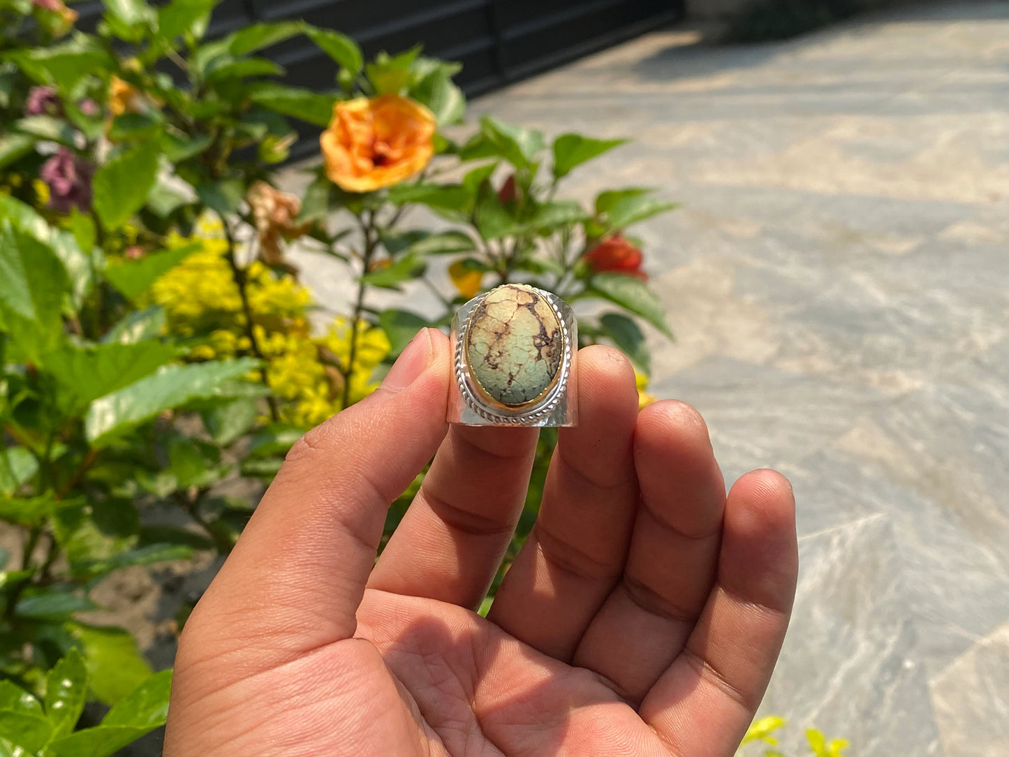 Adjustable Turquoise adorned Two Tone Ring, Silver & Gold Overlay, Natural Turquoise, Hammered Ring, Bohemian Jewelry.
