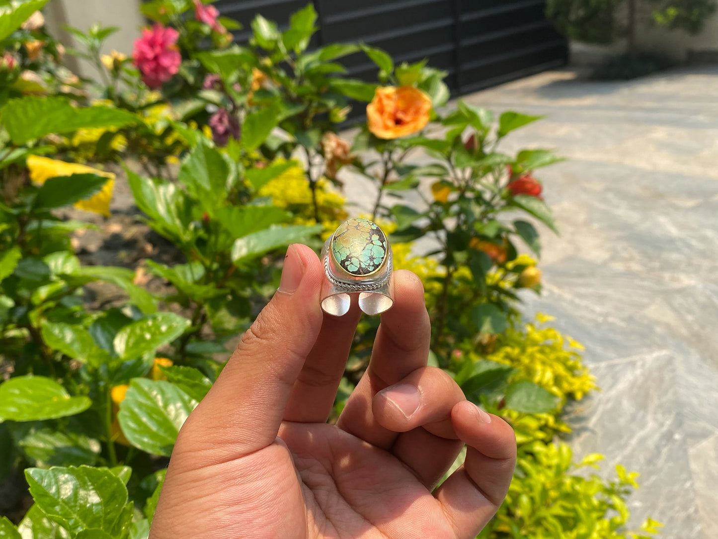 Adjustable Turquoise adorned Two Tone Ring, Silver & Gold Overlay, Natural Turquoise, Hammered Ring, Bohemian Jewelry.