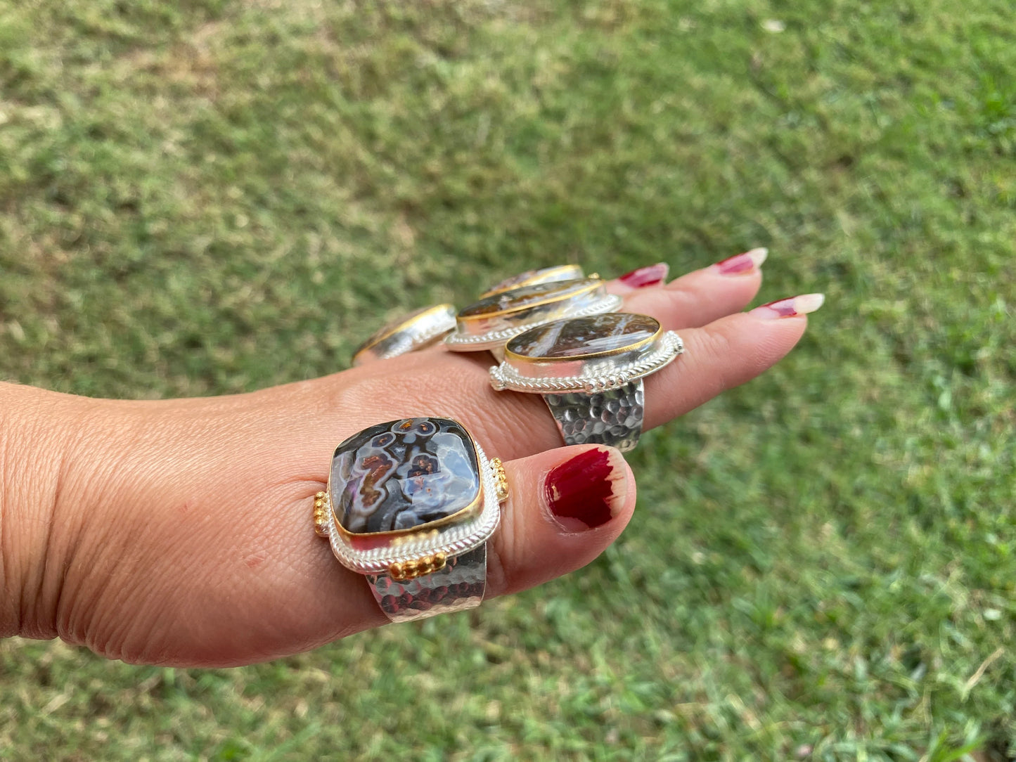 Adjustable Two Tone African Jasper Ring, Gold with Silver Jewelry, Unique Gemstone Ring, Exotic Jewelry, Handcrafted Ring, African Inspired