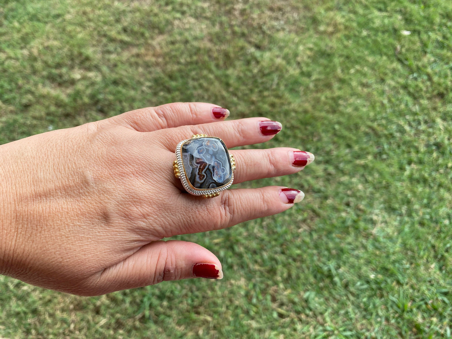 Adjustable Two Tone African Jasper Ring, Gold with Silver Jewelry, Unique Gemstone Ring, Exotic Jewelry, Handcrafted Ring, African Inspired