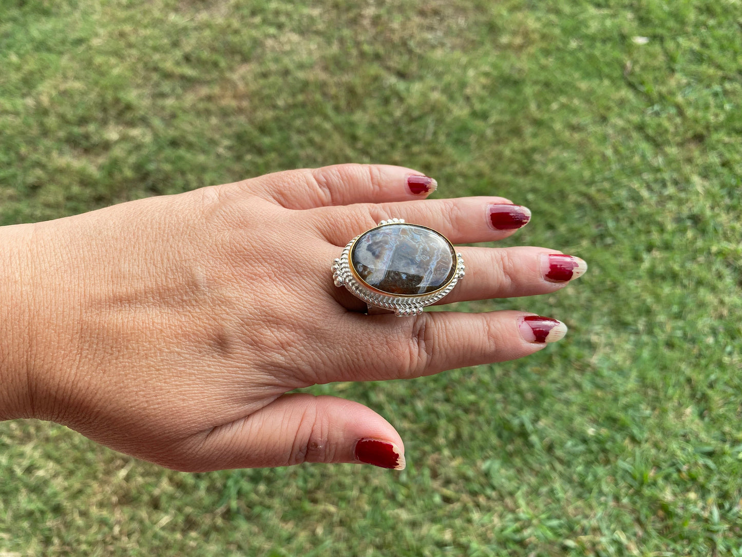 Adjustable Two Tone African Jasper Ring, Gold with Silver Jewelry, Unique Gemstone Ring, Exotic Jewelry, Handcrafted Ring, African Inspired