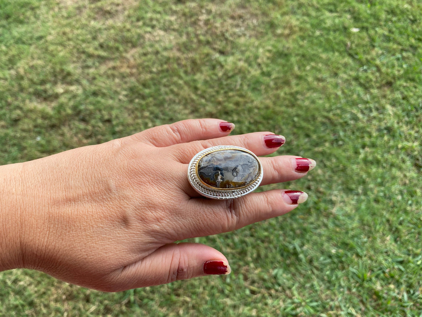 Adjustable Two Tone African Jasper Ring, Gold with Silver Jewelry, Unique Gemstone Ring, Exotic Jewelry, Handcrafted Ring, African Inspired