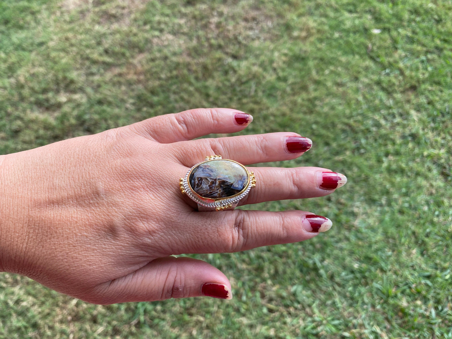 Adjustable Two Tone African Jasper Ring, Gold with Silver Jewelry, Unique Gemstone Ring, Exotic Jewelry, Handcrafted Ring, African Inspired