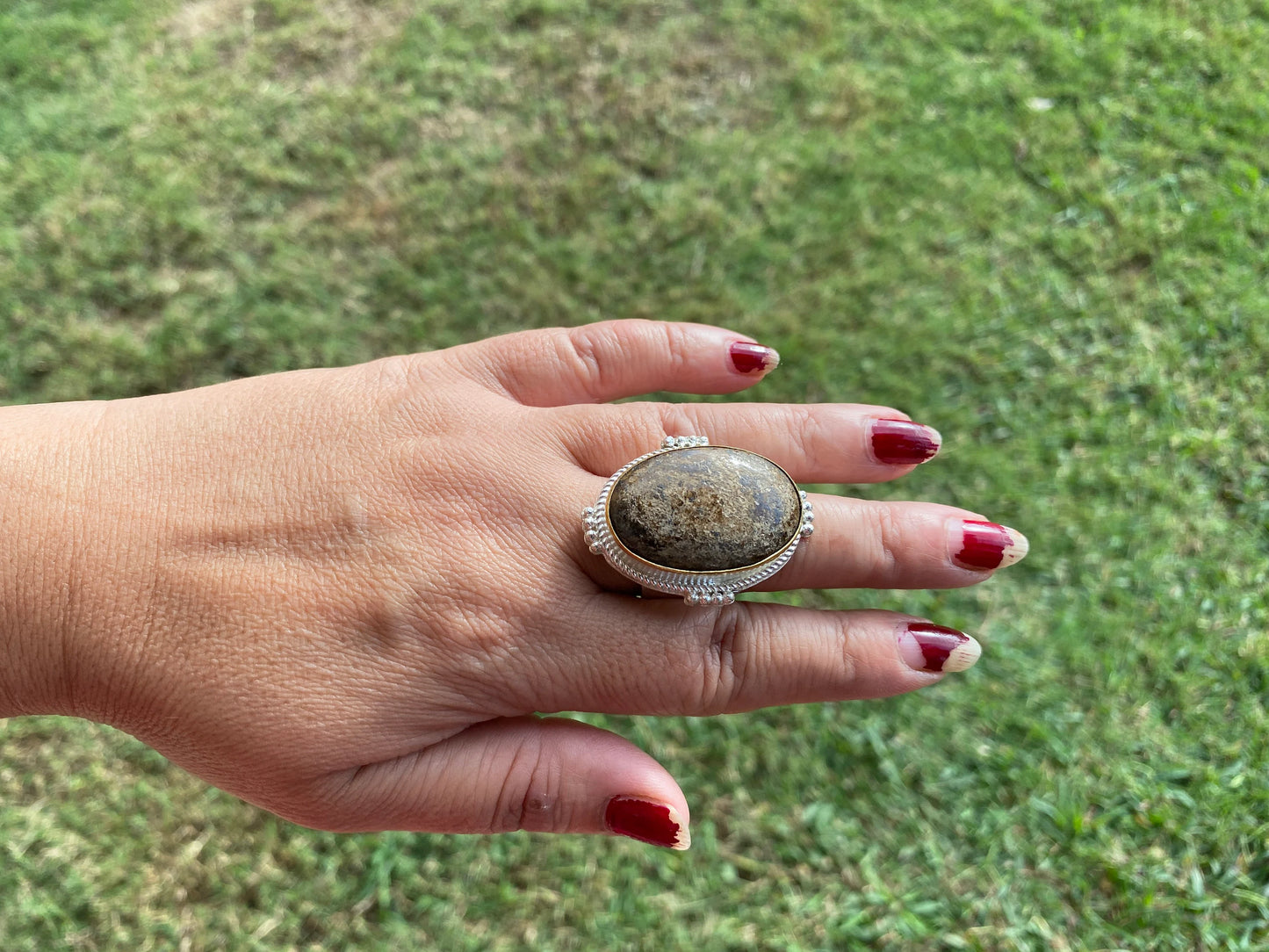 Adjustable Two Tone African Jasper Ring, Gold with Silver Jewelry, Unique Gemstone Ring, Exotic Jewelry, Handcrafted Ring, African Inspired