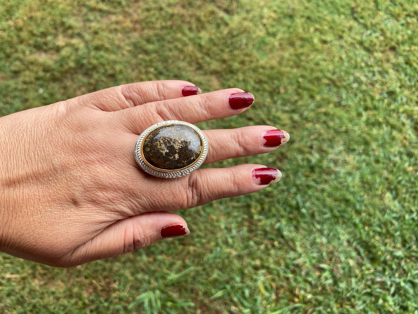 Adjustable Two Tone African Jasper Ring, Gold with Silver Jewelry, Unique Gemstone Ring, Exotic Jewelry, Handcrafted Ring, African Inspired