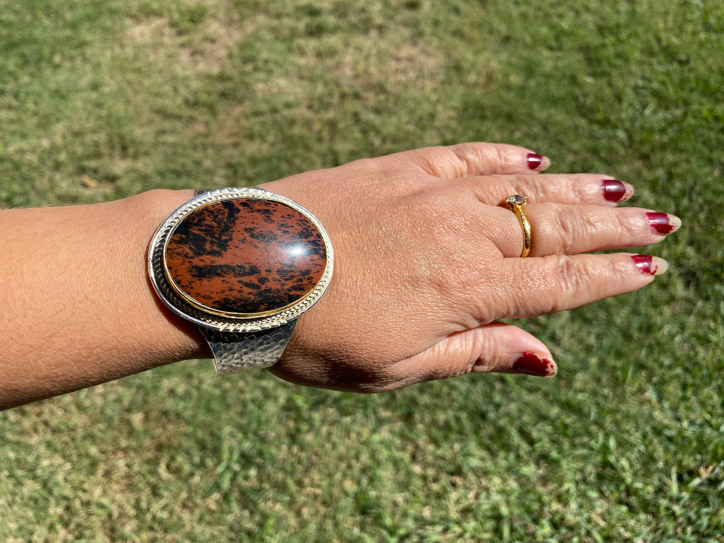 Adjustable Two Tone Cuff Bracelet, Jasper Natural Stone, Brushed Gold with Silver Overlay, Hammered Bracelet, Wide Cuff, Handcrafted Jewelry