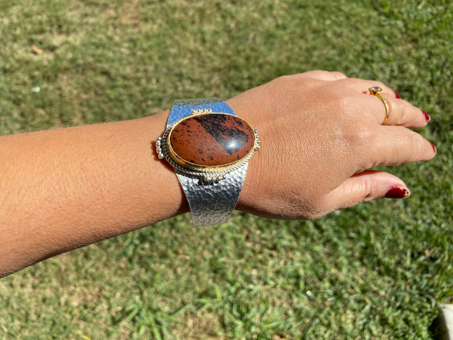 Adjustable Two Tone Cuff Bracelet, Jasper Natural Stone, Brushed Gold with Silver Overlay, Hammered Bracelet, Wide Cuff, Handcrafted Jewelry