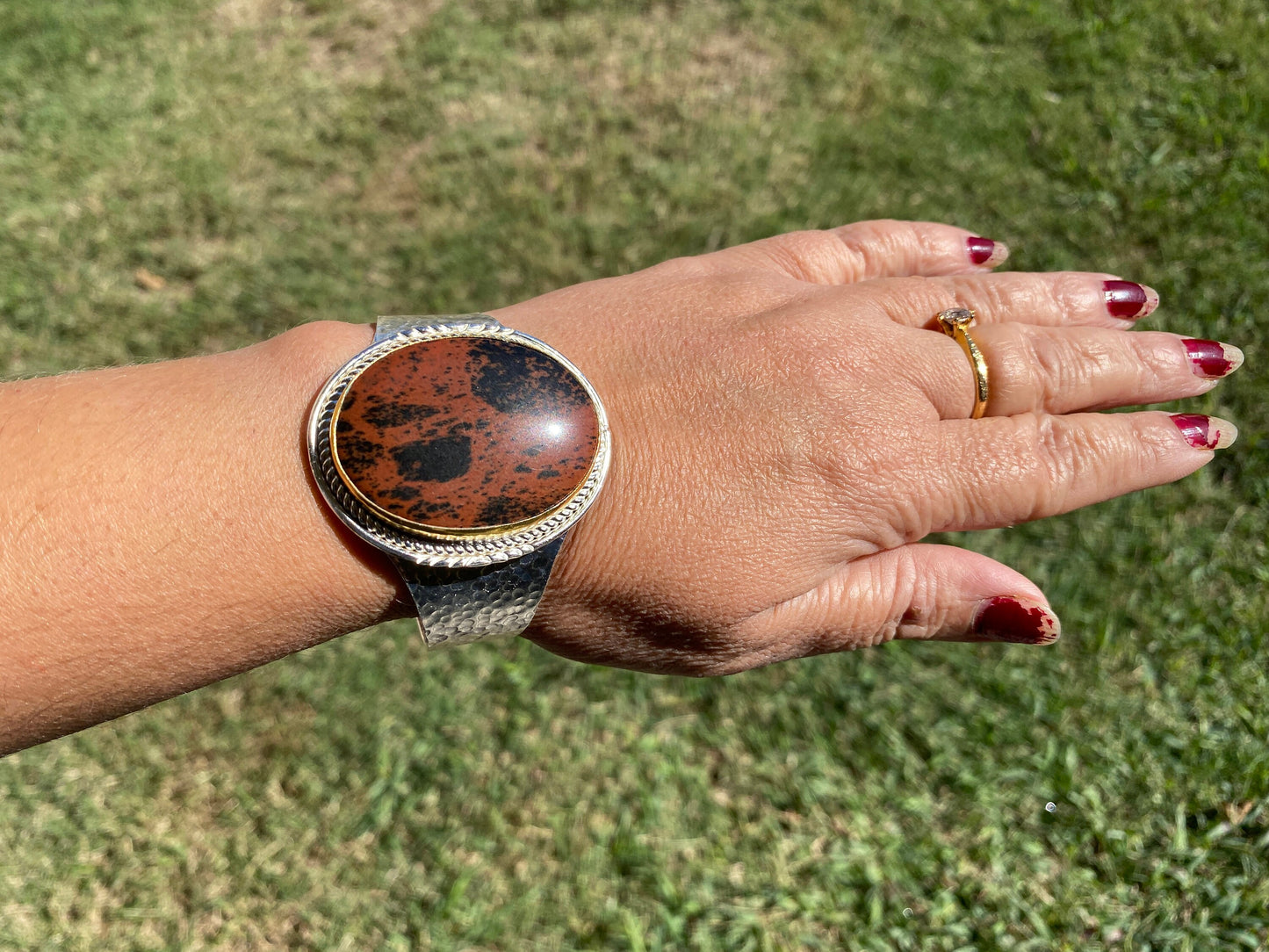 Adjustable Two Tone Cuff Bracelet, Jasper Natural Stone, Brushed Gold with Silver Overlay, Hammered Bracelet, Wide Cuff, Handcrafted Jewelry