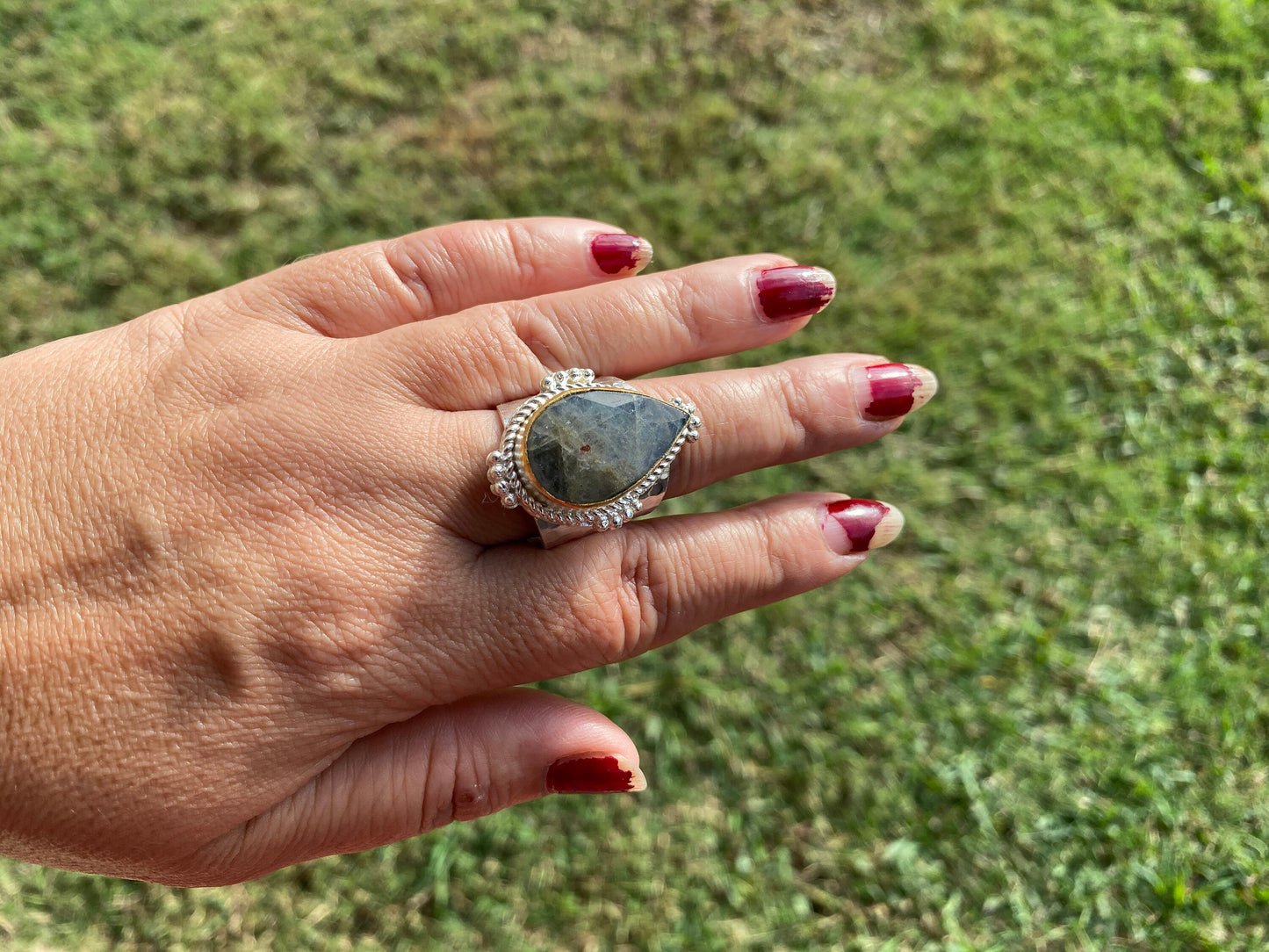 Adjustable Two Tone Ring, Labradorite Gemstone, Gold with Silver Overlay Ring, Statement Ring, Luxury Jewelry, Hammered Ring, Natural Stone