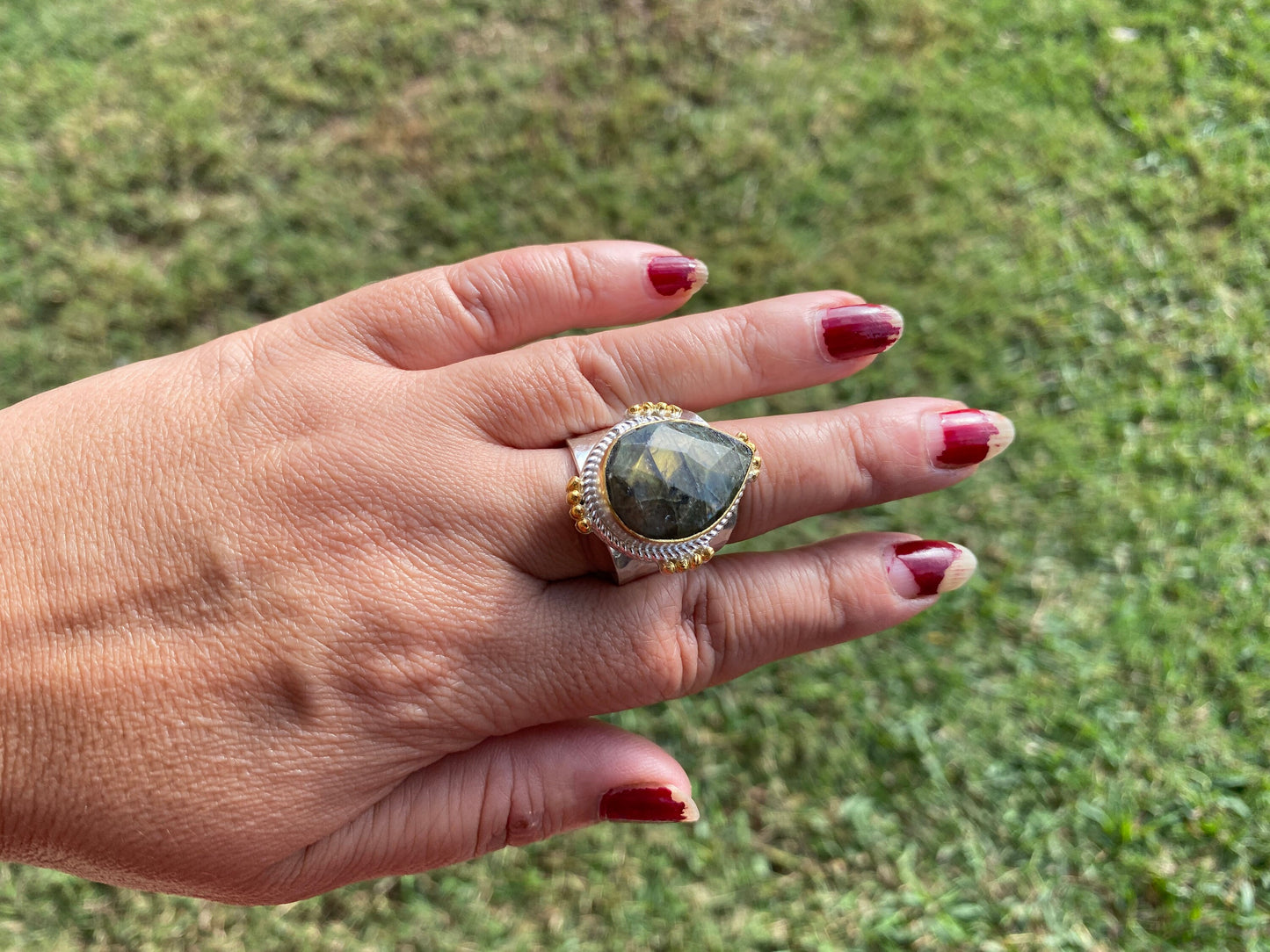 Adjustable Two Tone Ring, Labradorite Gemstone, Gold with Silver Overlay Ring, Statement Ring, Luxury Jewelry, Hammered Ring, Natural Stone