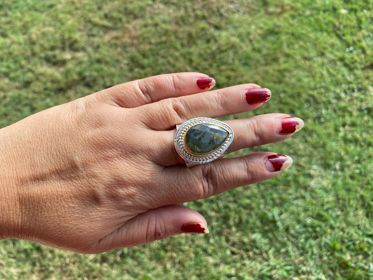 Adjustable Two Tone Ring, Labradorite Gemstone, Gold with Silver Overlay Ring, Statement Ring, Luxury Jewelry, Hammered Ring, Natural Stone